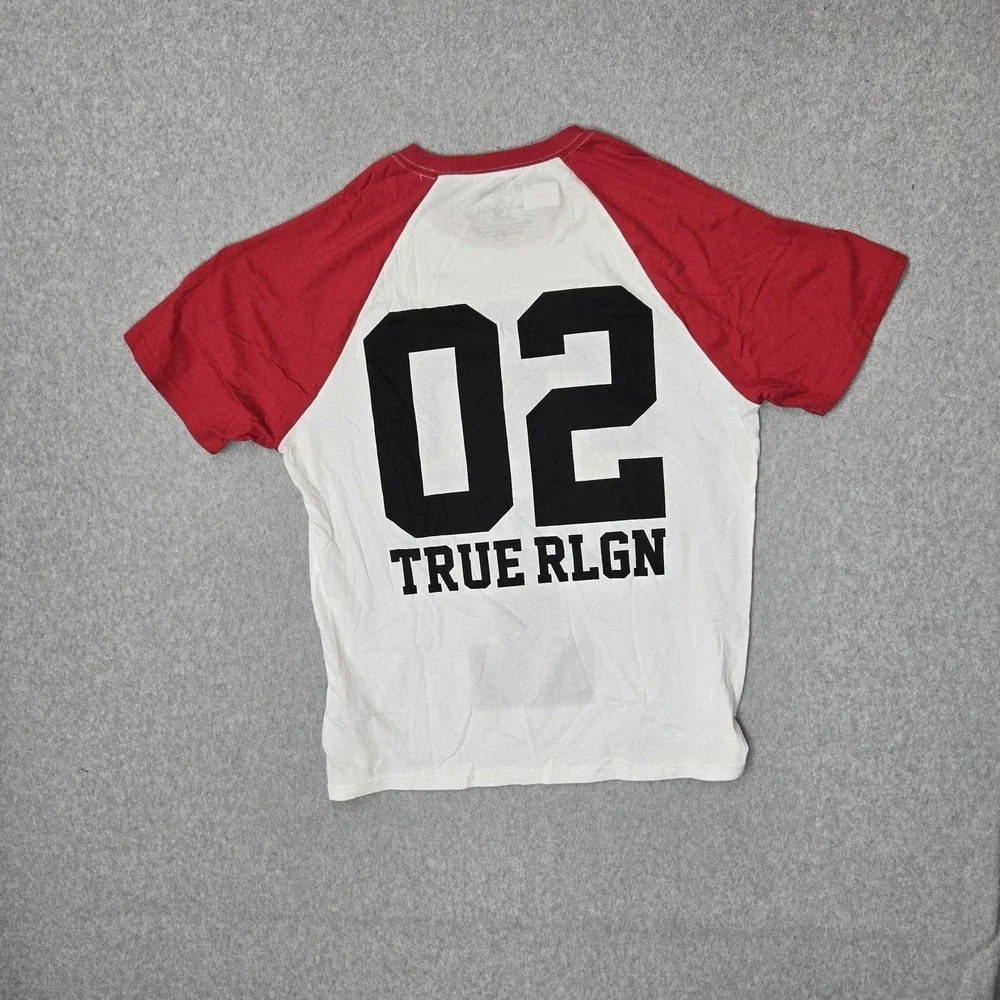 True‎ Religion Men Shirt L White Graphic Logo Number Raglan Baseball Tee